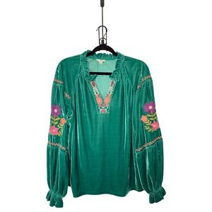 Easel Large Green Floral Velvet Embroidered Gypsy  Hippie Oversized Top